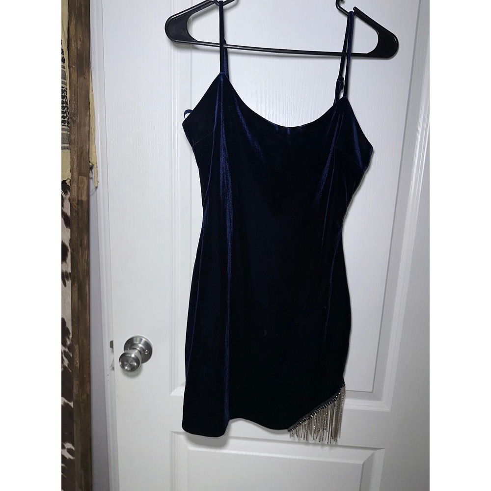 Navy Blue Velvet Mini Dress Rhinestone Fringe Hem Adjustable Straps size 9